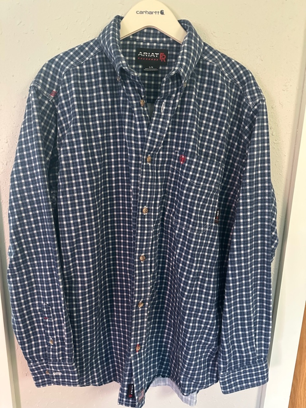 Ariat FR Navy and White Plaid Casual Button-Down Shirt
